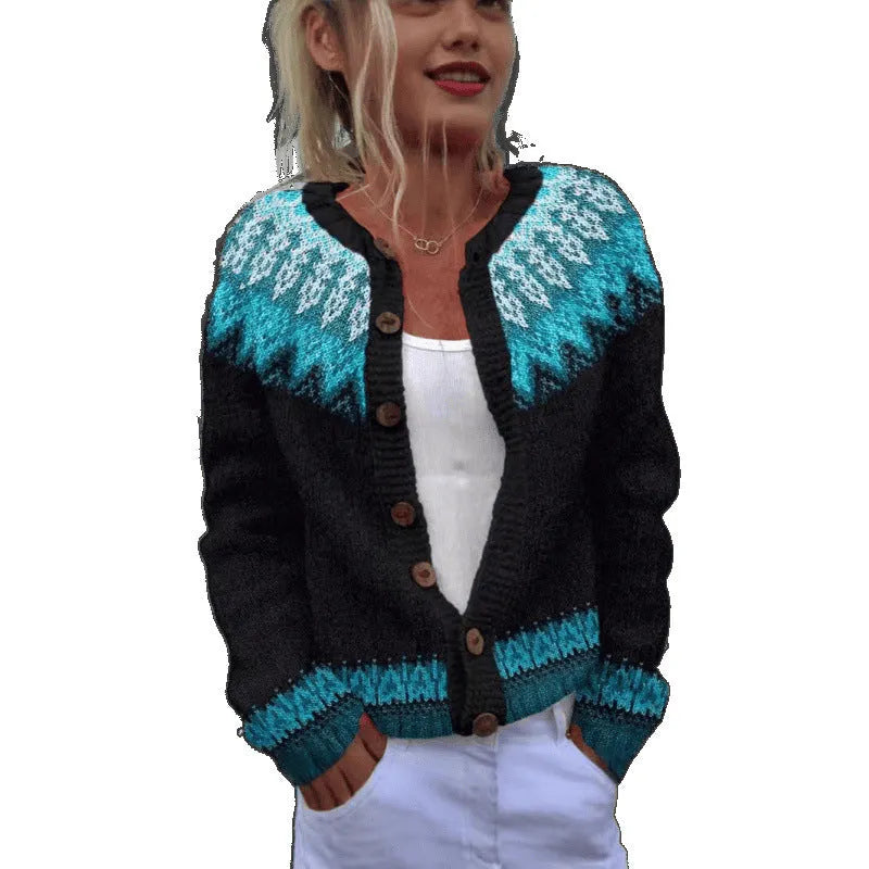 Yellow cardigan knitted coat with a raised 3D digital print pattern, shown on a hanger.