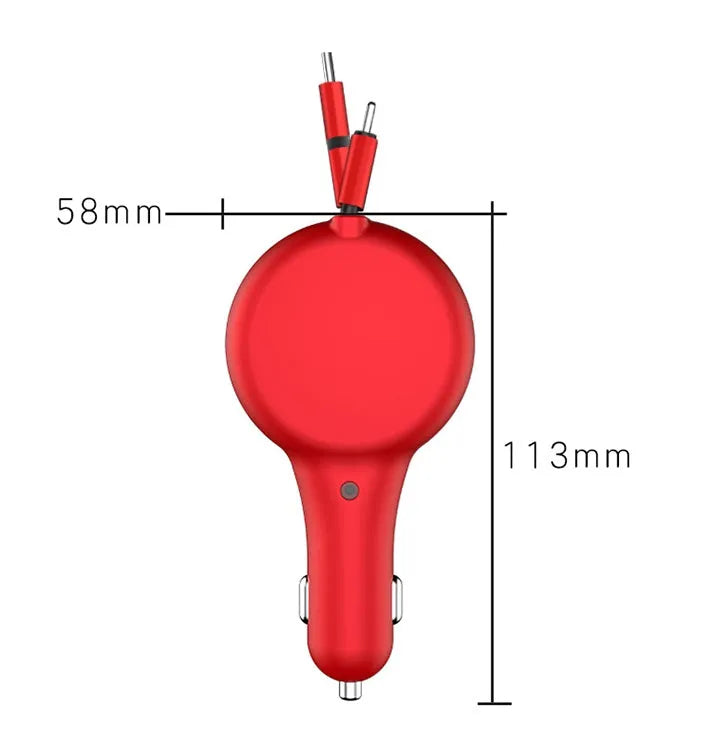 Black retractable car charger with extended cables showing dual ports for fast charging devices in vehicle