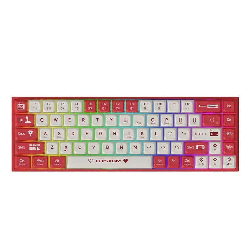 AJAZZ AK680 mechanical keyboard with red and white keycaps, hot-swappable switches, and 1.5m braided USB cable on a desktop