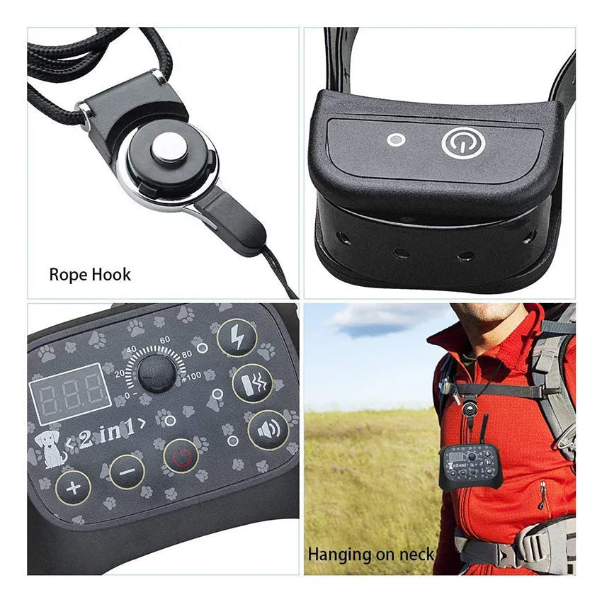 Automatic remote dog trainer and wireless fence with transmitter, digital display, and adjustable static shock controls