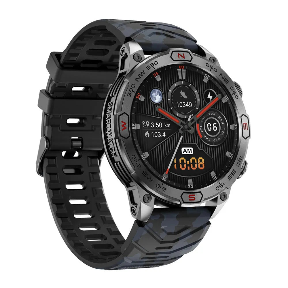 Sports smartwatch with AMOLED screen on wrist showing fitness metrics, zinc alloy case with silicone strap