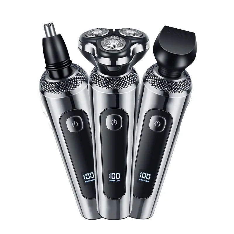 Digital USB rechargeable beard scraper with LED display and washable design on a five-in-one base bracket