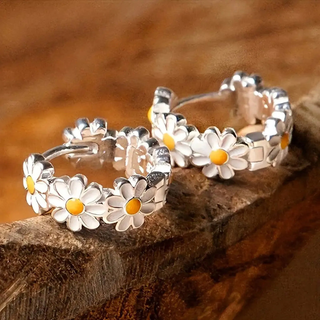 White daisy flower ring earrings with platinum inlaid gems on copper base with electroplated finish