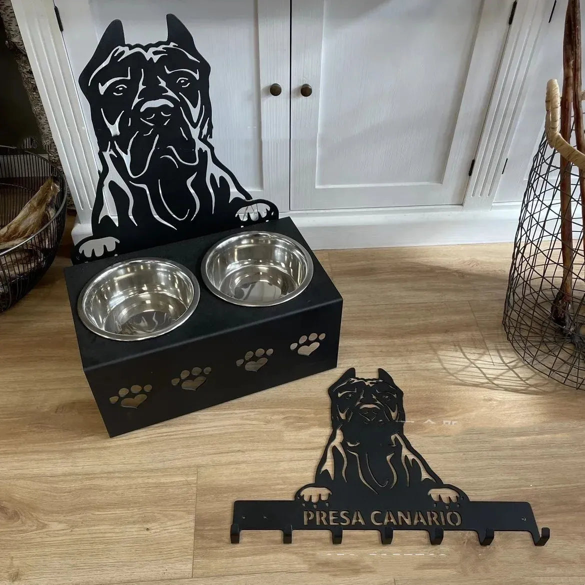 Personalised dog bowl holder with 304 stainless steel bowl and iron stand, custom name, 33x17x7cm