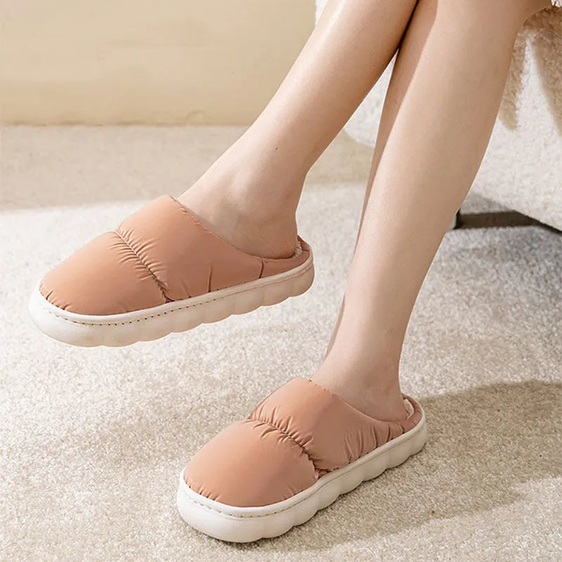 Down cotton slippers with artificial leather upper, rubber anti-slip soles, and plush lining in blue, green, grey, pink, or yellow