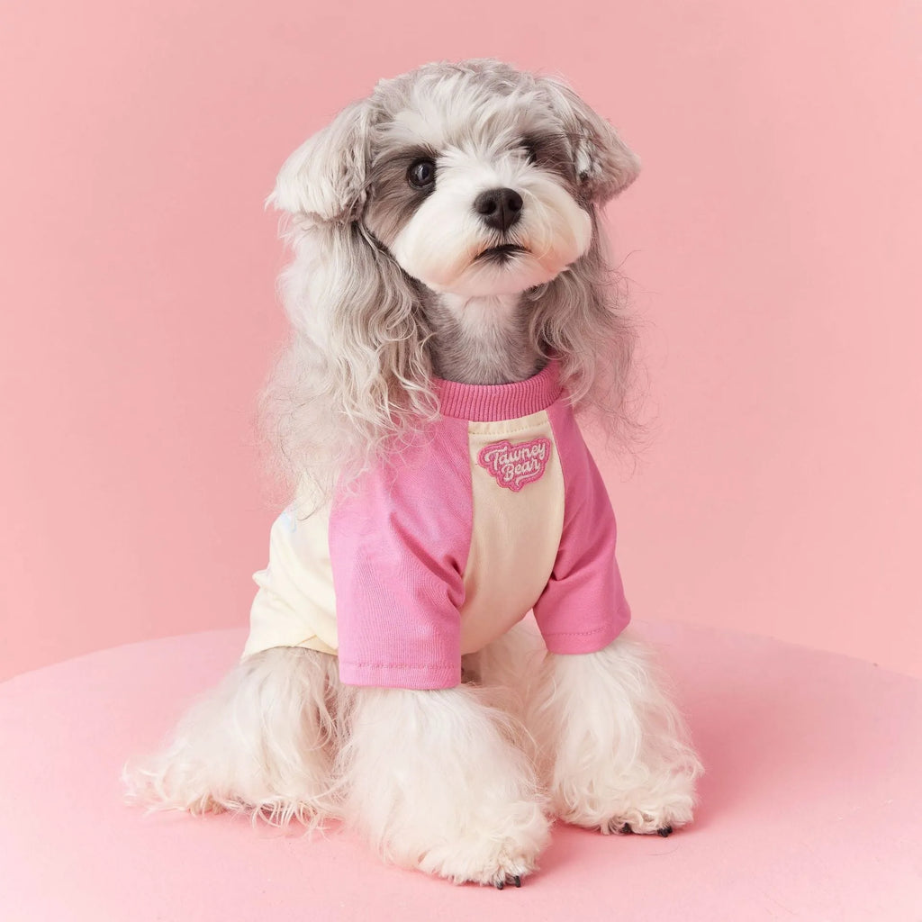 Cotton summer dog clothes with embroidered contrast colour design in red or pink options