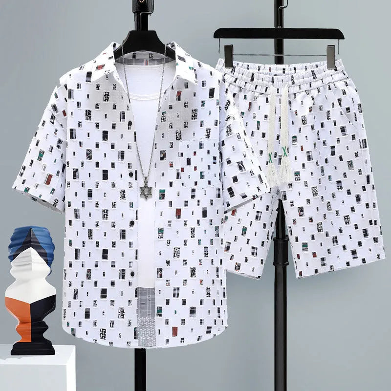 Men's casual sports shorts set in polyester, short-sleeve top and trousers for active wear