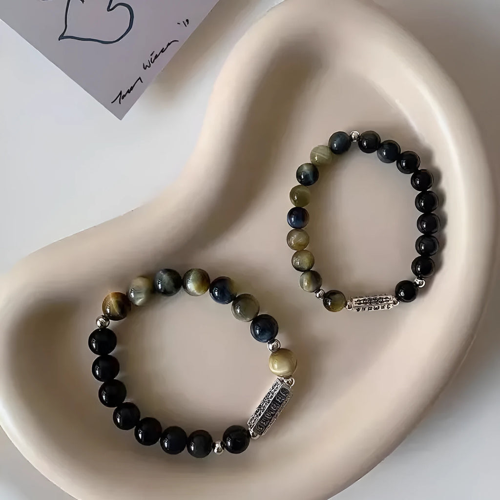 Tigereye obsidian six words mantra couple bracelet in S925 sterling silver with geometric round design
