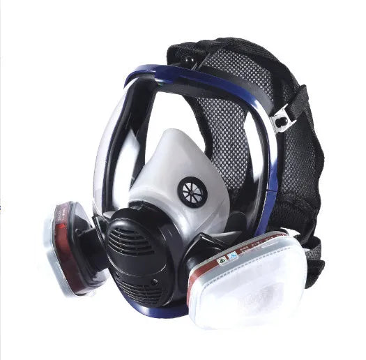 KN95 spherical full face mask with blue edge and trapezoidal canister design for respiratory protection