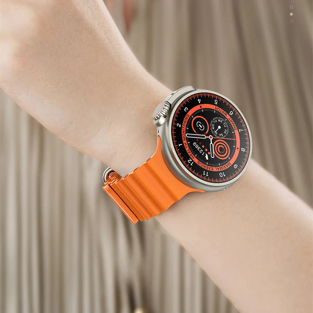 K9 smart watch with black silicone strap and round screen showing fitness stats.