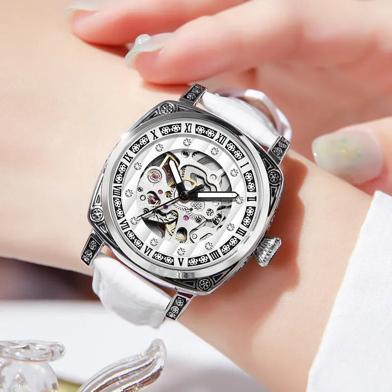 Leather strap mechanical watch with luminous hands showing 10m waterproof rating