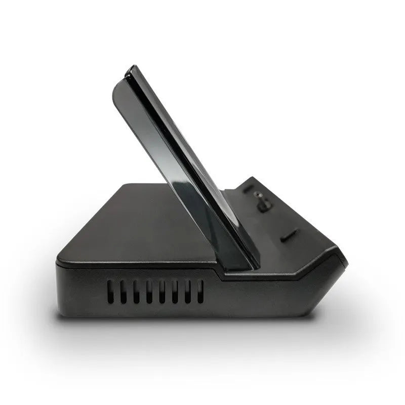 GPD WIN4 handheld game console dock in black and silver grey, showing interface ports on the base expander.