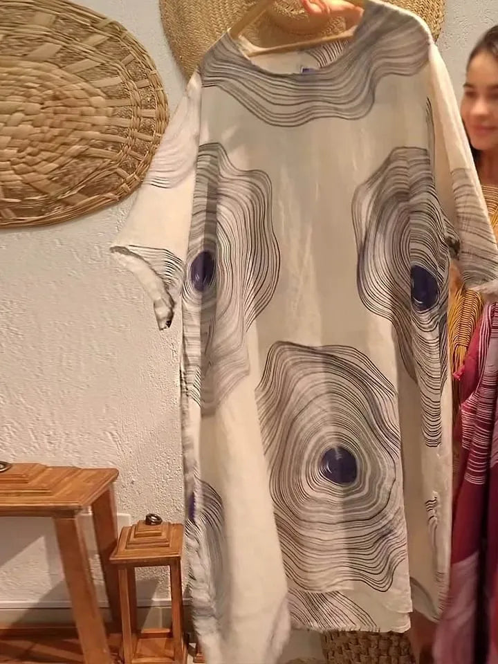 Women's round neck abstract print A-line dress with mid waist, polyester fabric, sizes S-3XL, in red white Burgundy apricot light green orange