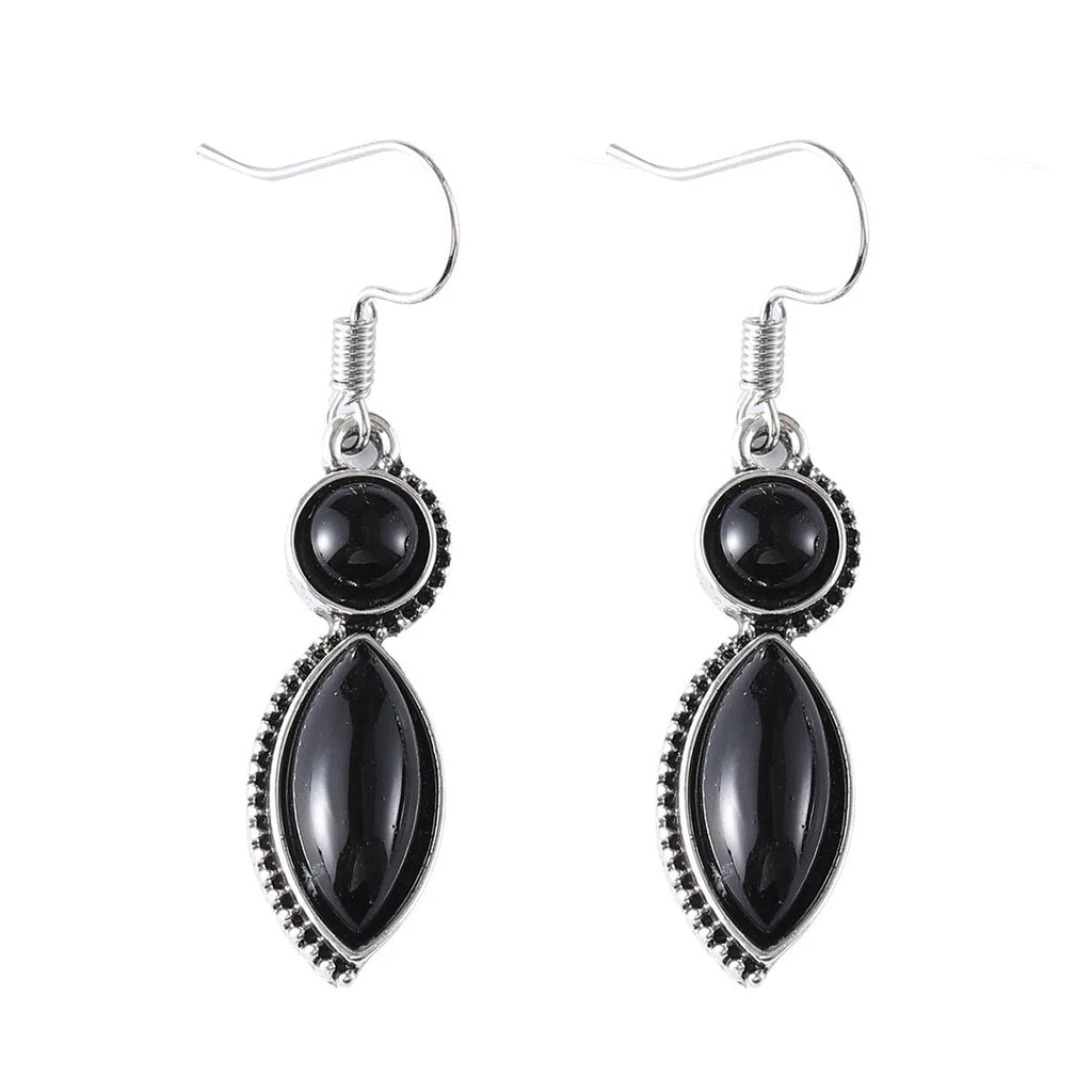 Vintage geometric pendant earrings with black and purple colours, zinc alloy construction with electroplated finish