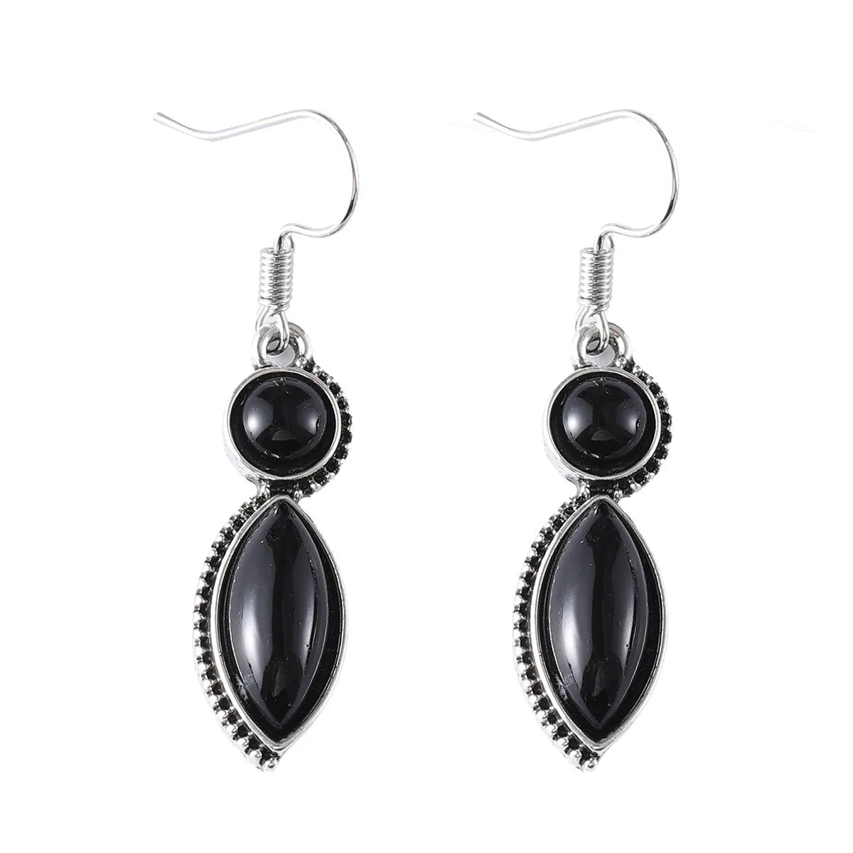 Vintage geometric pendant earrings with black and purple colours, zinc alloy construction with electroplated finish
