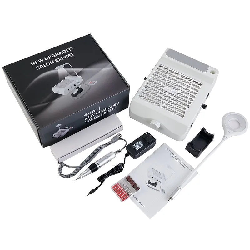 White nail polishing machine with vacuum function showing four-in-one grinding capabilities