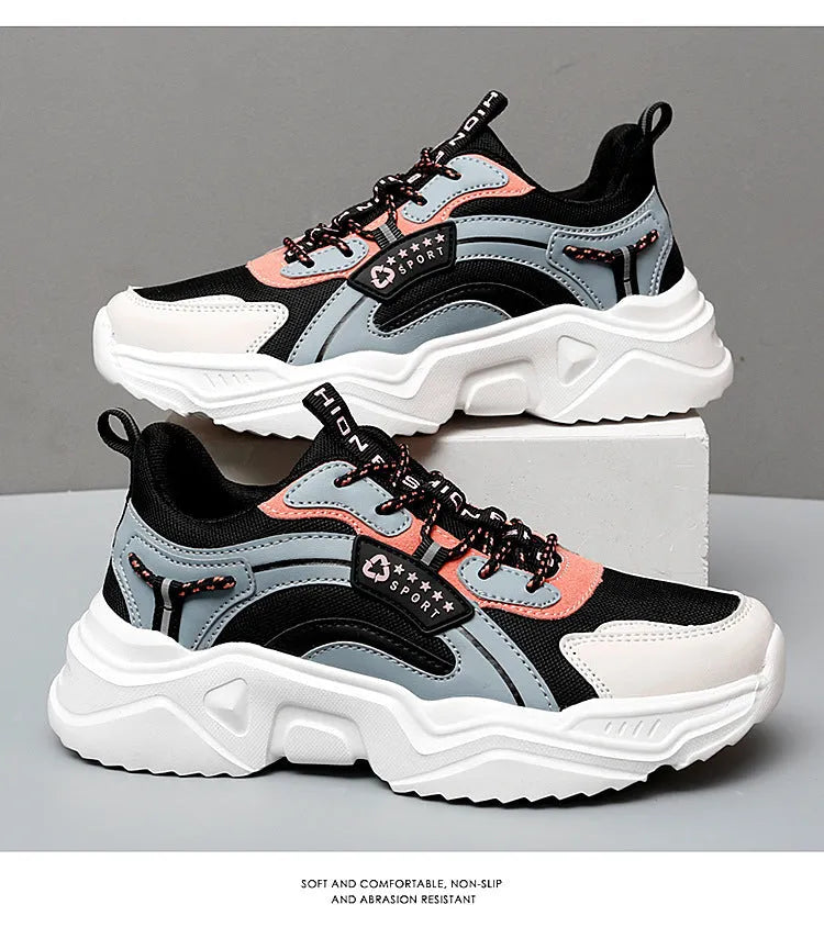 Women's white thick-soled casual sports shoes with mesh upper and 3-5cm mid-heel