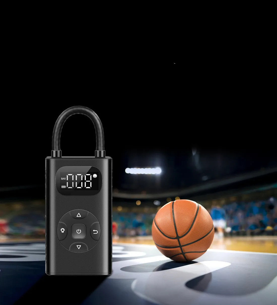 Black power bank tyre inflator with 16cm tube, 12x6.5x4.2cm size, for car motorcycle bicycle inflation