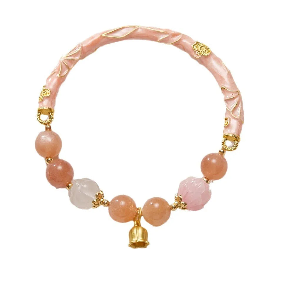 Traditional Chinese sunstone jinsi jade half bracelet with geometric shape and lily design elements