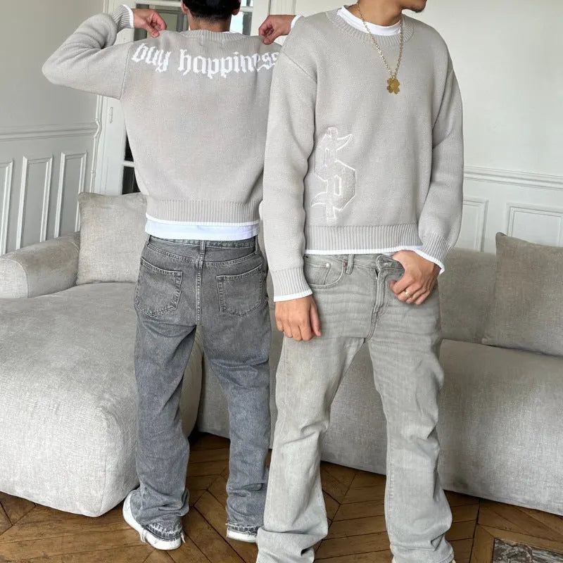 Grey loose-fitting knitwear coat with long sleeves, acetate fibre construction, pullover design for autumn winter wear