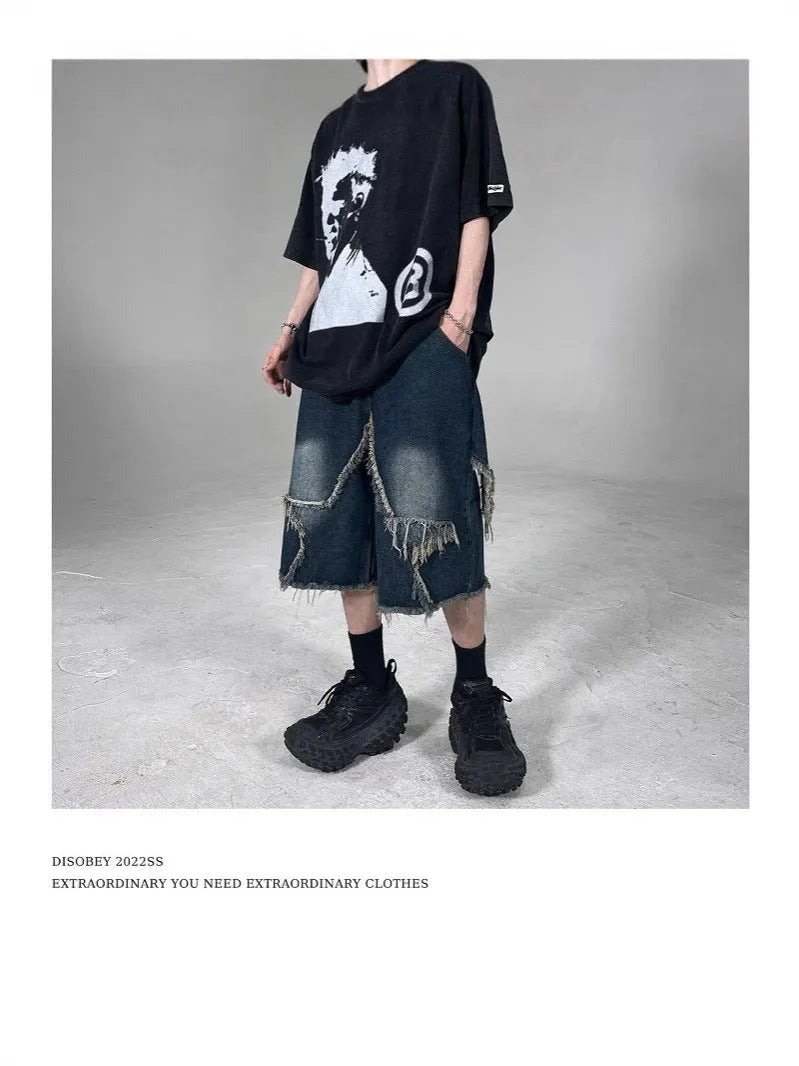 Blue denim shorts with frayed five-pointed star design, loose fit with micro-elastic fabric for summer wear