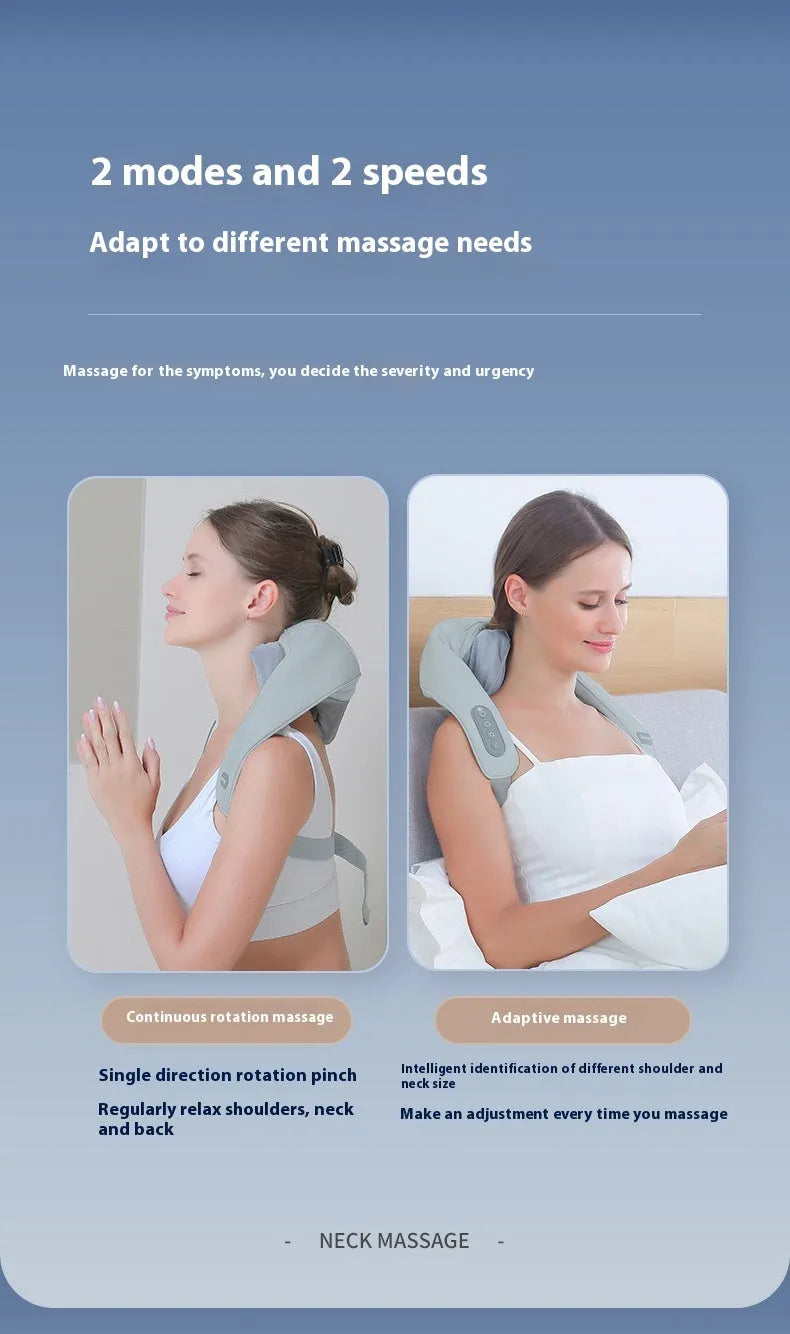Grey elastic fabric USB neck and back massager with two gear settings and infrared function.