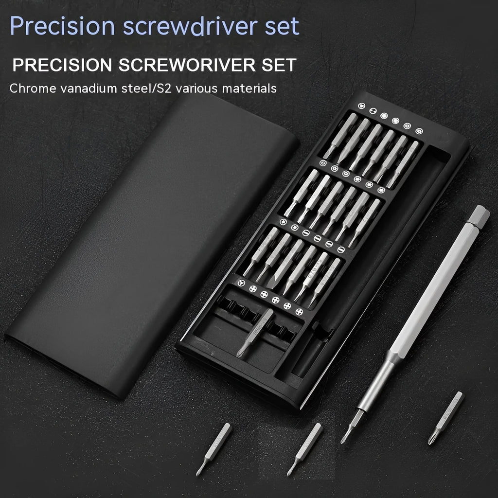 24-in-1 precision magnetic screwdriver set with aluminium handle and selection of 4mm bits.