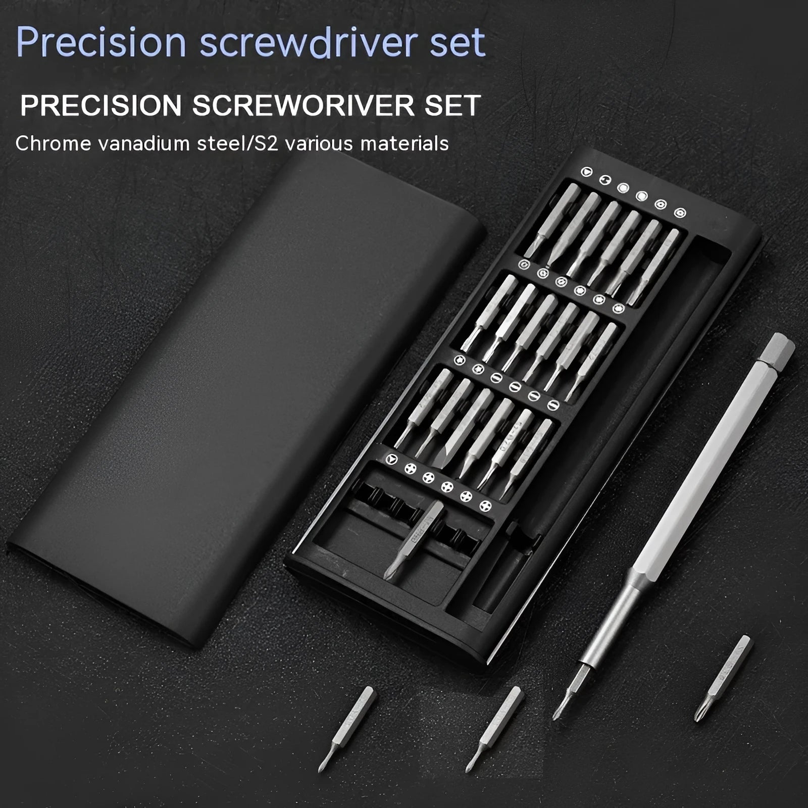 24-in-1 precision magnetic screwdriver set with aluminium handle and selection of 4mm bits.