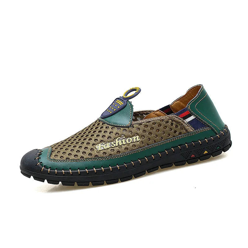 Men's brown mesh casual shoes with round toe and rubber soles on neutral background
