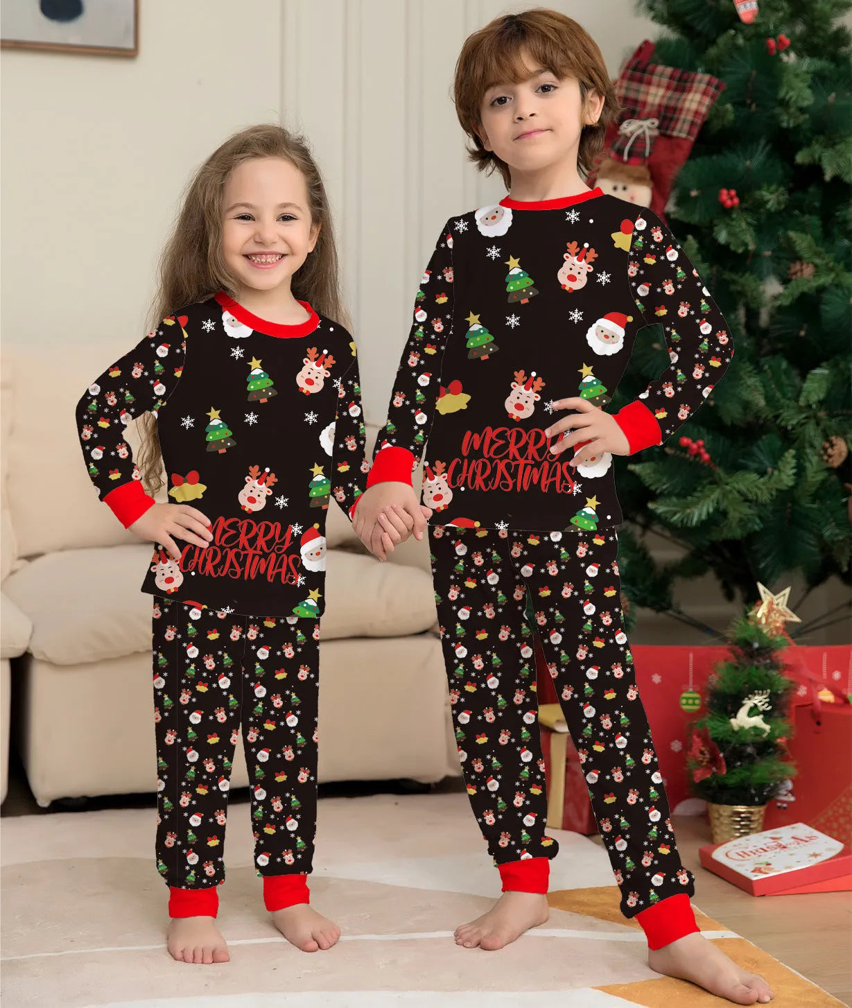 Family wearing matching red plaid Christmas pajamas, including adults, children, and a dog.
