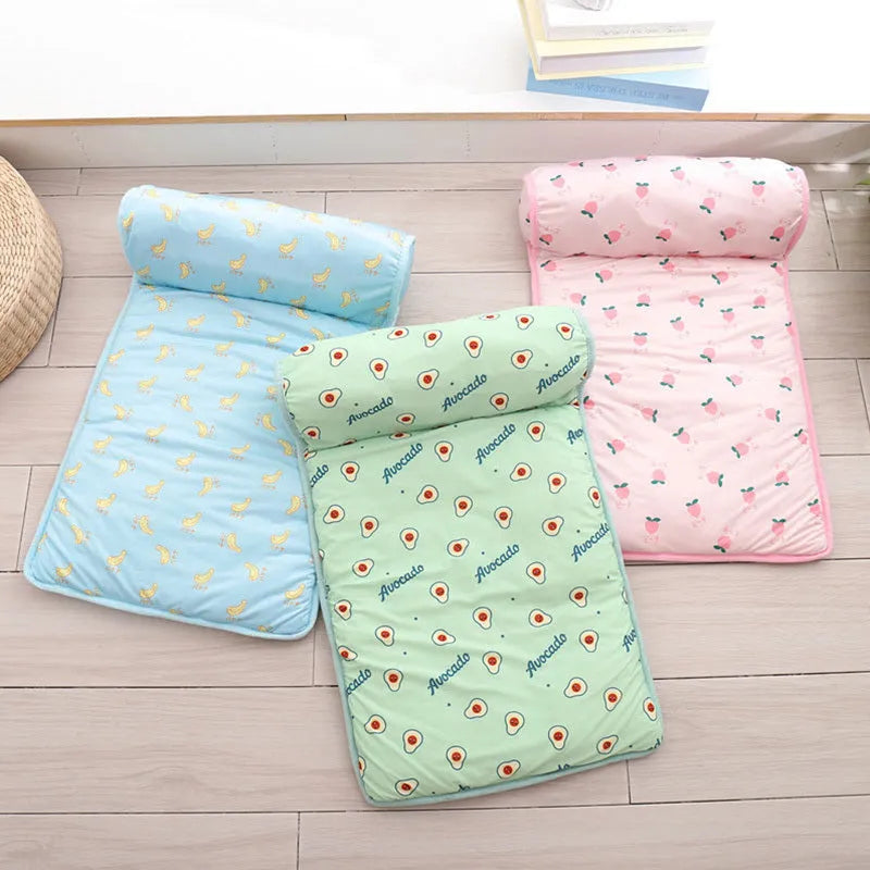 Ice silk cotton blend pet cooling mat in blue colour showing rectangular shape and breathable fabric texture