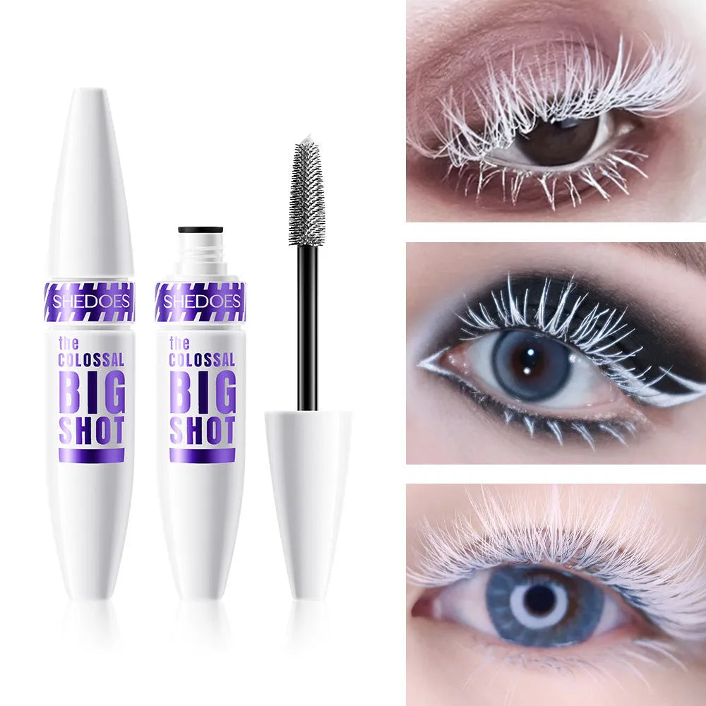 White waterproof mascara with 10ml volume, quick-drying formula, and curling effect for defined lashes