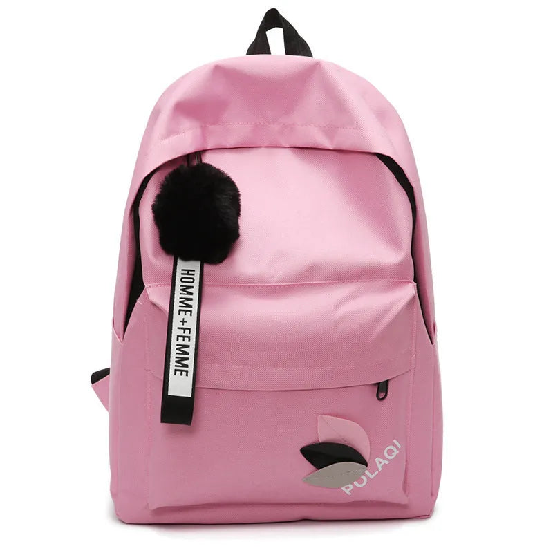 Casual canvas college schoolbag with leaf pattern in green, shown with size and anti-theft features.