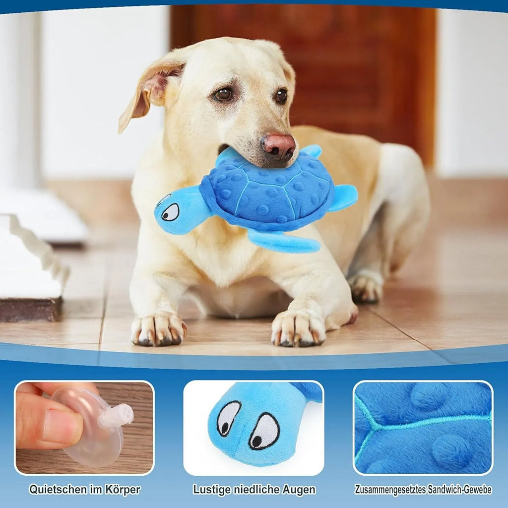 Blue squeaky sea turtle plush dog toy with composite mesh material, size 25x20x5cm