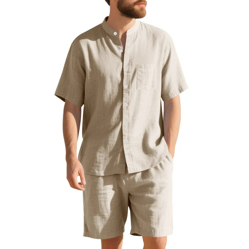 Men's linen-blend summer suit with Henry collar jacket and matching shorts in navy blue colour