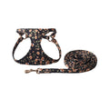 Floral pattern cloth dog harness and leash set shown in small size on a model.