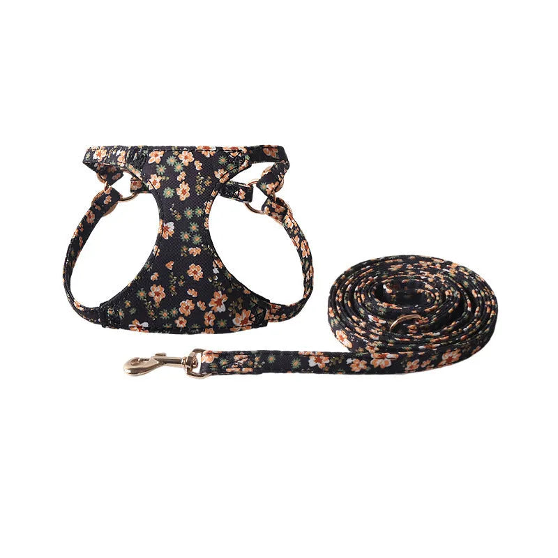Floral pattern cloth dog harness and leash set shown in small size on a model.