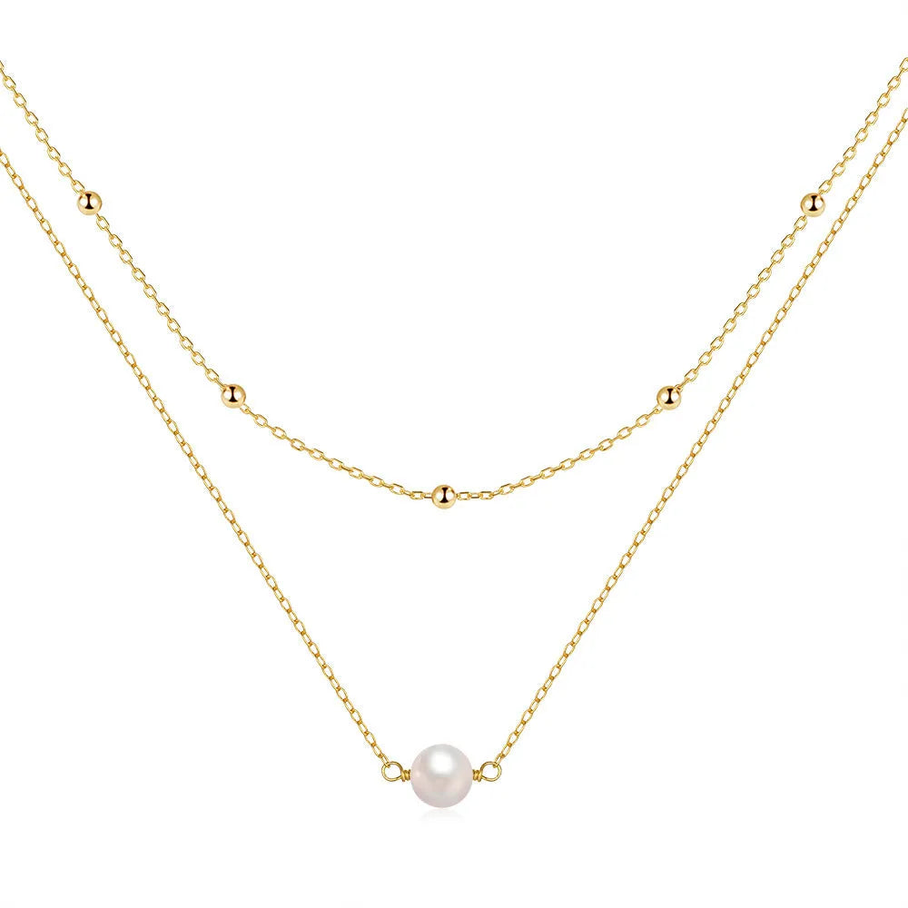 S925 sterling silver double layer necklace with twin pearls on a ball bead chain in gold or white gold colour