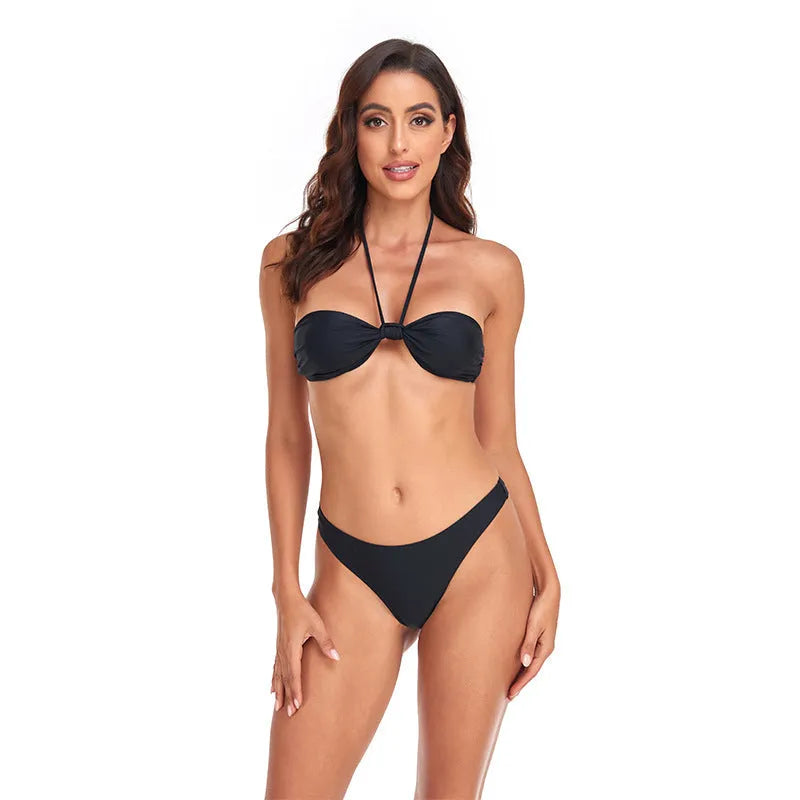 Black polyester women's bikini set with lace-up tube top and briefs in S, M, L sizes