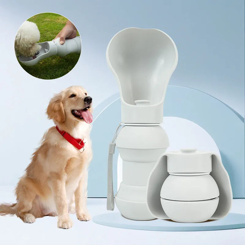 Silicone folding pet water cup shown in long and short specifications, collapsed and open.