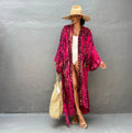 Printed loose beach cover-up blouse with 135cm length and 28cm sleeves in cotton fabric