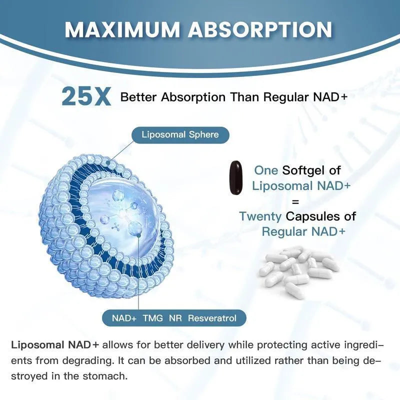 Bottle of NMN capsules with choice of 60 or 120 count and 24-month shelf life.