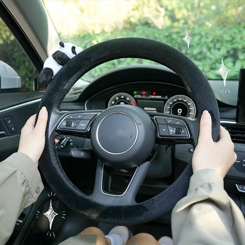 Black plush panda steering wheel cover and matching shoulder pad set for cars