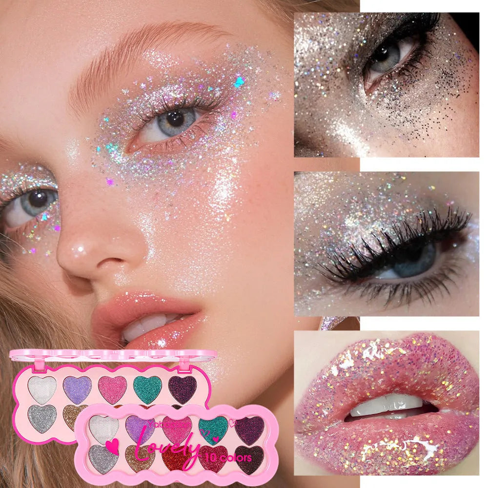 Pearlescent heart-shaped eye shadow palette with ten colours including sequins for punk and festival make-up.