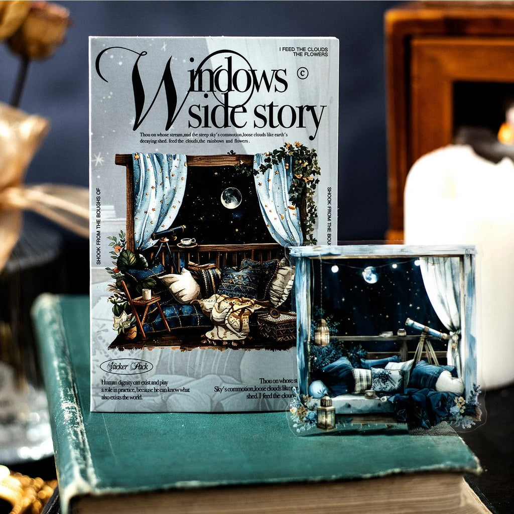 Window Story Series journal decorative stickers showing six colour themes with retro window scene designs