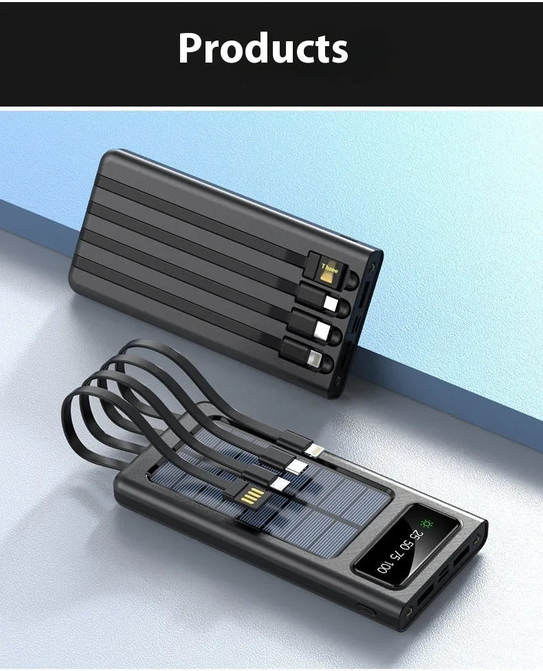 Black solar power bank with integrated charging cables showing 20000mAh capacity label