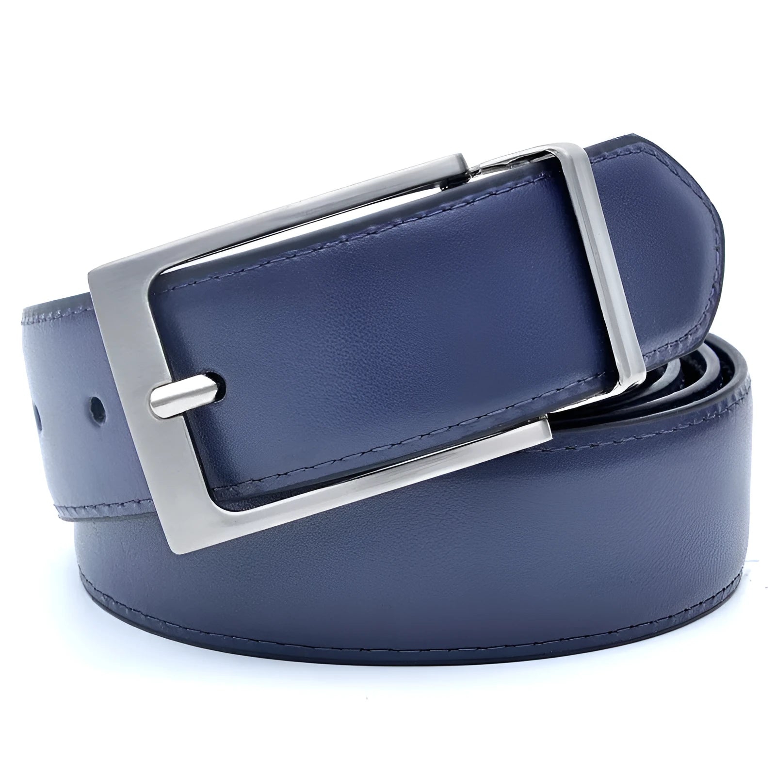Men's dark brown and black casual leather belt with a silver rotating pin buckle, laid flat.
