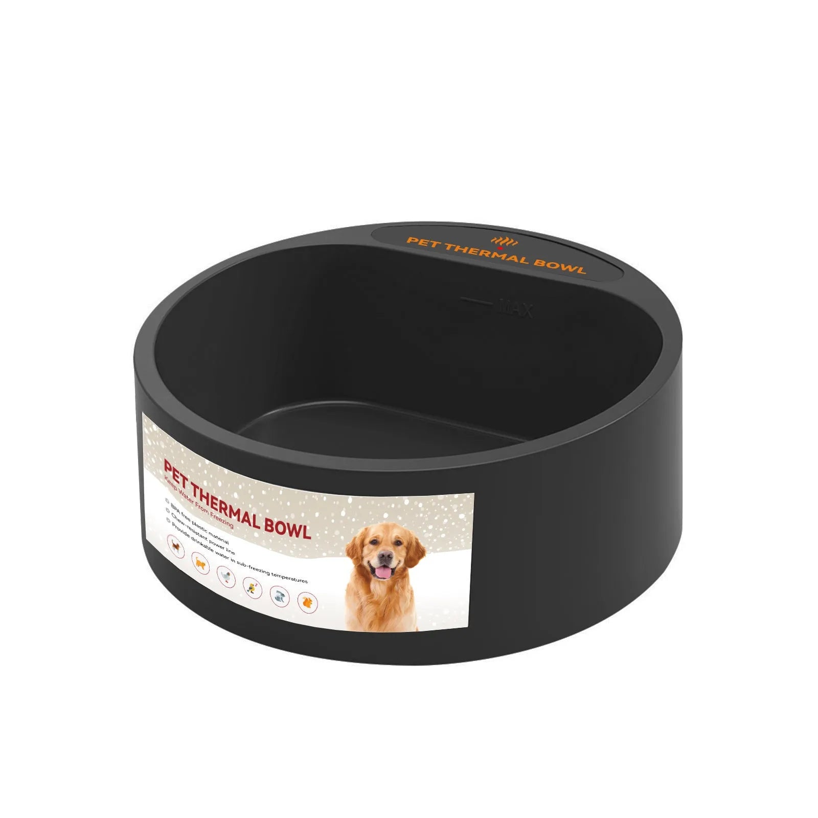 Black ABS pet heating bowl with 2.2L capacity and 35W heating element for constant temperature maintenance