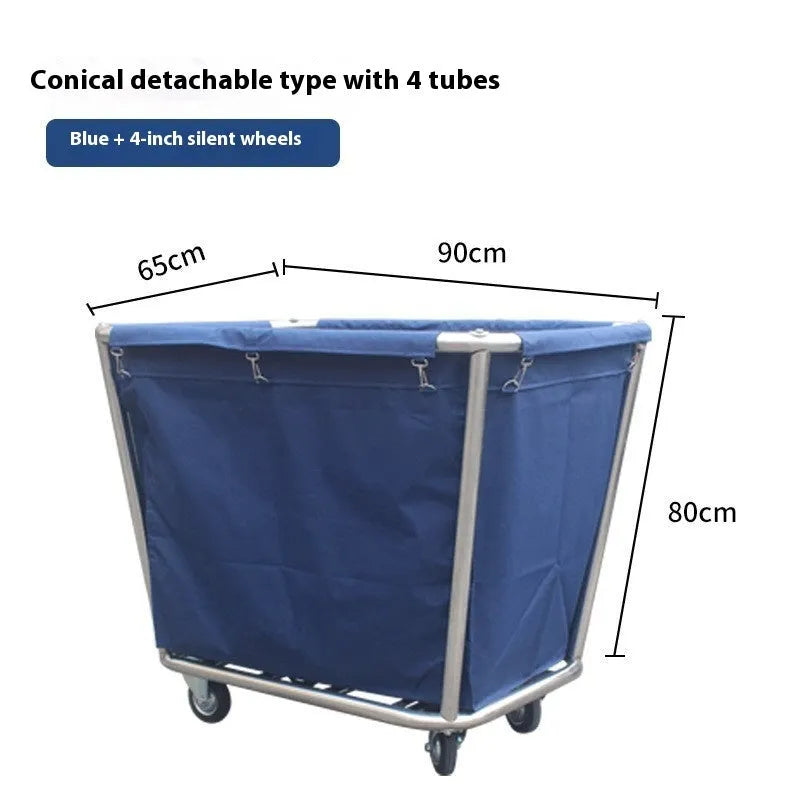 Stainless steel hotel housekeeping linen trolley with multiple tubes and a fabric bag.