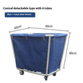 Stainless steel hotel housekeeping linen trolley with multiple tubes and a fabric bag.